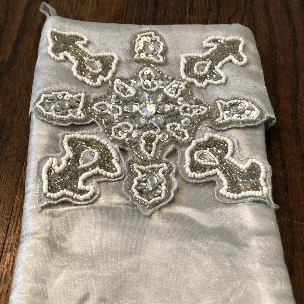 Pier 1 Imports 16” Gray Metallic Stocking w/Snowflake Embroidery & Beading - EUC